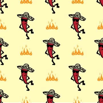 Seamless pattern of dancing chili in sombrero and fire Illustrazione stock