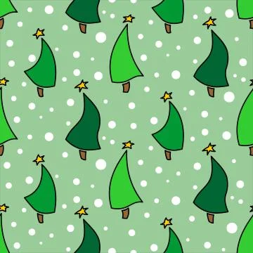 Seamless Pattern Of Dancing Christmas Trees With Stars. New Year. Green Spruc Illustrazione stock