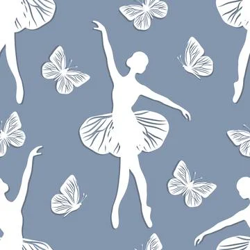 Seamless pattern with dancing girl and butterflies 库存插图