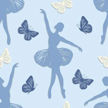 Seamless pattern with dancing girl and butterflies Stock Illustration
