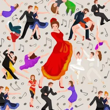 Seamless pattern. Dancing People, Dancer Bachata, Hiphop, Salsa, Indian, Ballet 库存插图