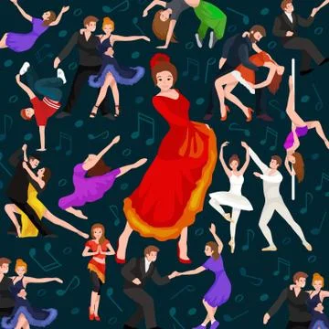 Seamless pattern. Dancing People, Dancer Bachata, Hiphop, Salsa, Indian, Ballet Illustrazione stock