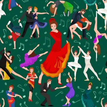 Seamless pattern. Dancing People, Dancer Bachata, Hiphop, Salsa, Indian, Ballet Illustrazione stock