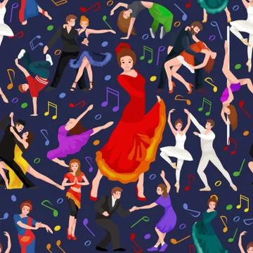 Seamless pattern. Dancing People, Dancer Bachata, Hiphop, Salsa, Indian, Ballet Stock Illustration