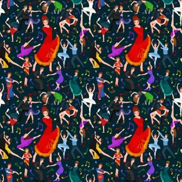 Seamless pattern. Dancing People, Dancer Bachata, Hiphop, Salsa, Indian, Ballet Stock Illustration