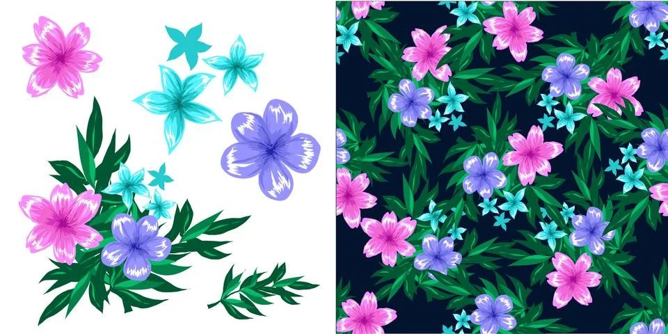 Seamless pattern dark background with flowers, butterflies and leafs and Stock Illustration