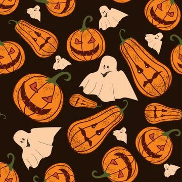 Seamless pattern on a dark background on the holiday - Halloween. Pumpkins, a Stock Illustration