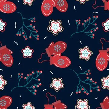 Seamless pattern on a dark background with mittens. Green twigs and snowflake Stock Illustration