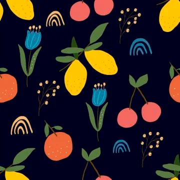 Seamless pattern on a dark blue background, lemons, cherries, peaches, flowers Stock Illustration