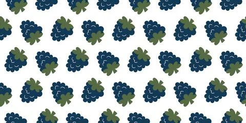 Seamless pattern of dark blue blackberries with green leaves on a white backg Stock Illustration