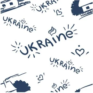 Seamless pattern dark blue doodle word Ukraine with decor heart and village h Stock Illustration