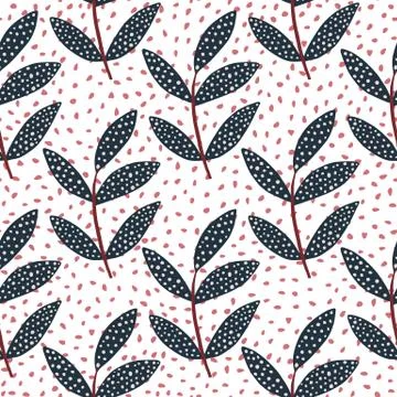 Seamless pattern with dark blue floral branches with white dots. White backgr Illustrazione stock