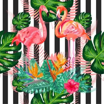 Seamless pattern with dark blue grunge stripes and pink flamingo. Pink flamingo 스톡 일러스트