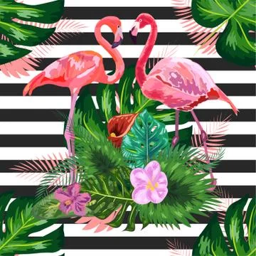 Seamless pattern with dark blue grunge stripes and pink flamingo. Pink flamin Stock Illustration