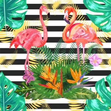 Seamless pattern with dark blue grunge stripes and pink flamingo. Pink flamin 스톡 일러스트