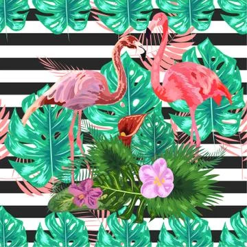 Seamless pattern with dark blue grunge stripes and pink flamingo. Pink flamin 库存插图