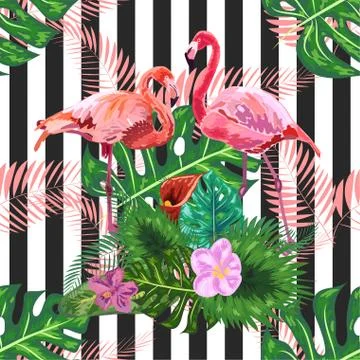 Seamless pattern with dark blue grunge stripes and pink flamingo. Pink flamin 스톡 일러스트