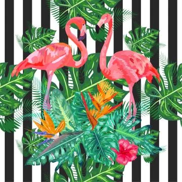 Seamless pattern with dark blue grunge stripes and pink flamingo. Pink flamin Stock Illustration