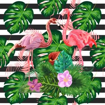 Seamless pattern with dark blue grunge stripes and pink flamingo. Pink flamin 스톡 일러스트