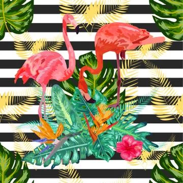 Seamless pattern with dark blue grunge stripes and pink flamingo. Pink flamin Stockillustratie
