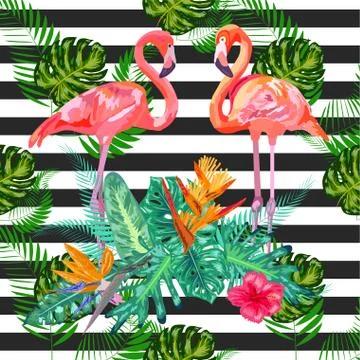 Seamless pattern with dark blue grunge stripes and pink flamingo. Pink flamin Stockillustratie
