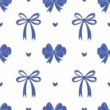 Seamless pattern dark blue ribbon bow and hearts on white background. Trend.. Stock Illustration