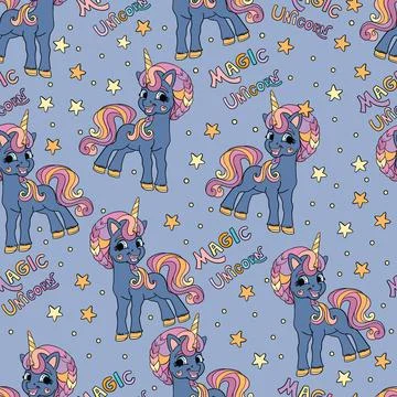 Seamless pattern with a dark blue unicorns in a starry sky vector Illustrazione stock