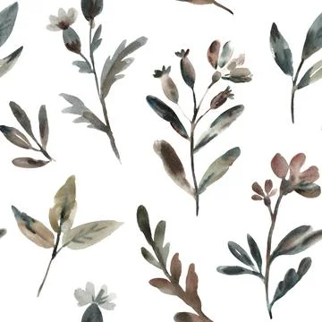 Seamless pattern with dark brown meadow floral branches . Watercolor Stock Illustration