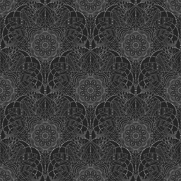 Seamless pattern in a dark color palette with leaves and abstract designs Stock Illustration
