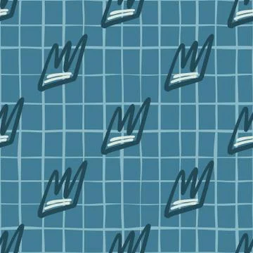 Seamless pattern with dark crowns silhouettes on navy pastel blue background. Stock Illustration