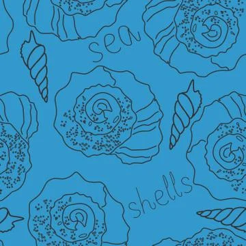 Seamless pattern of dark gray contours of rapan shells and the words sea and Illustrazione stock