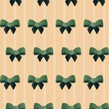 Seamless pattern of dark green bows on a striped beige background. Gift wra.. Stock Illustration