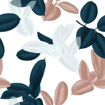 Seamless pattern, dark green, white and brown Ficus Elastica leaves 스톡 일러스트
