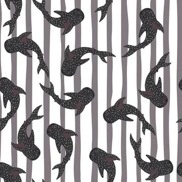 Seamless pattern with dark grey ocean animals silhouettes. Whale shark orname Illustrazione stock
