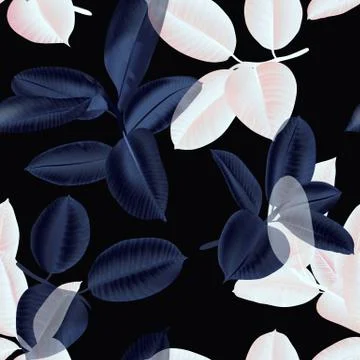 Seamless pattern, dark purple and light pink Ficus Elastica leaves on black 스톡 일러스트