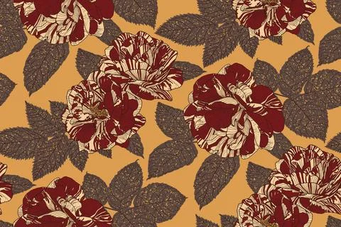 Seamless Pattern with Dark Red and Cream Roses and Grey Leaves on Sandy Brown Stock Illustration