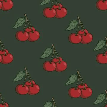 Seamless Pattern with Dark Red Cherries and Leaves. Sour Cherry Branches on.. イラスト素材