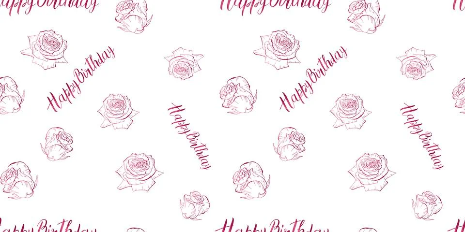 Seamless pattern with dark red contoured rose flowers and illustration Happy  Stock Illustration