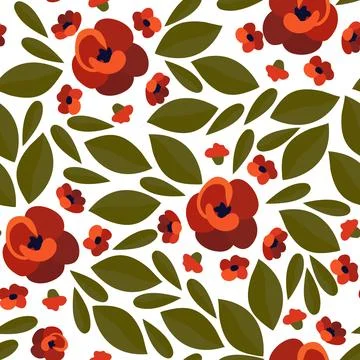 Seamless pattern with dark red flowers and green leaves on a white background. A Stock Illustration