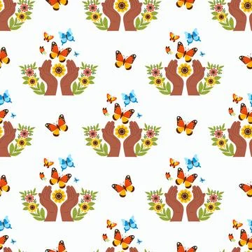 Seamless pattern. Dark-skinned hands with flowers and leaves release colorf.. Stock Illustration
