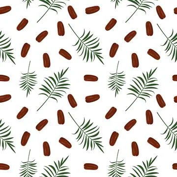 Seamless pattern with date fruits and palm branch. Summer cute print with exotic Stock Illustration