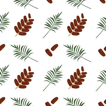 Seamless pattern with date fruits and palm branch. Summer cute print with exotic Stock Illustration