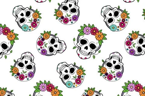 Seamless pattern of Day of the Dead skulls with flowers, vibrant vector icon Stock Illustration