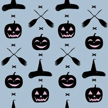 A seamless pattern for the day of Halloween, with pumpkins, a broom and a witch Stock Illustration