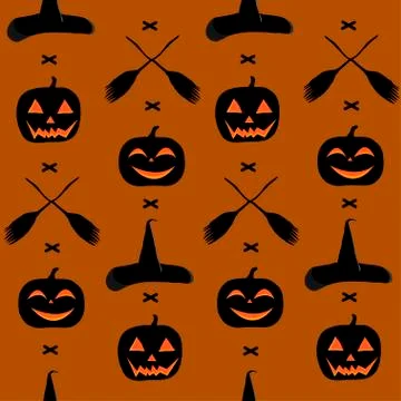 A seamless pattern for the day of Halloween, with pumpkins, a broom and a witch Stock Illustration