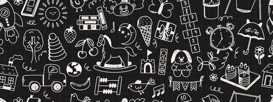 Seamless pattern with daycare doodle elements. Rocket, hopscotch, toys, hor.. Stock Illustration