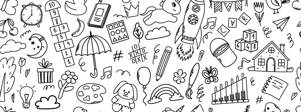 Seamless pattern with daycare doodle elements. Unicorn, hopscotch, toys, crown Stock Illustration