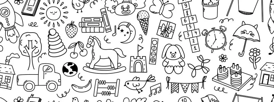 Seamless pattern with daycare doodle elements. Rocket, hopscotch, toys, hor.. Stock Illustration