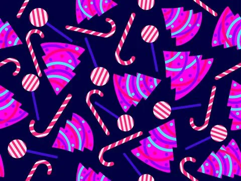 Seamless pattern with decorated Christmas trees and candy canes. Christmas .. 스톡 일러스트