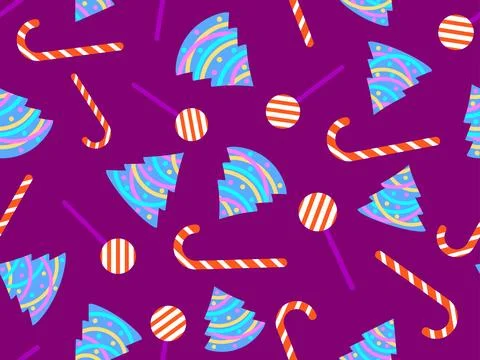 Seamless pattern with decorated Christmas trees and candy canes. Christmas .. Illustrazione stock